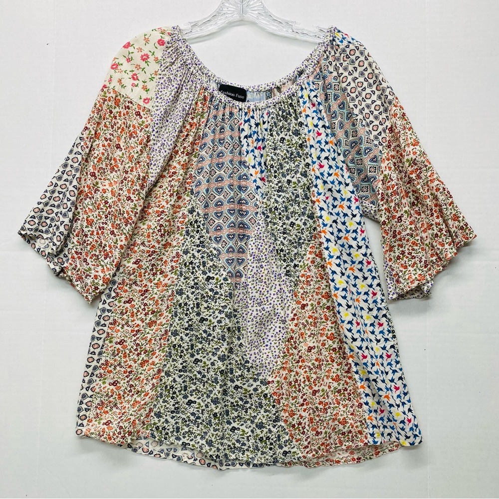 Fashion Fuse Womens Boho Patchwork Flowy Top Medium Pullover Loose Fit Casual
